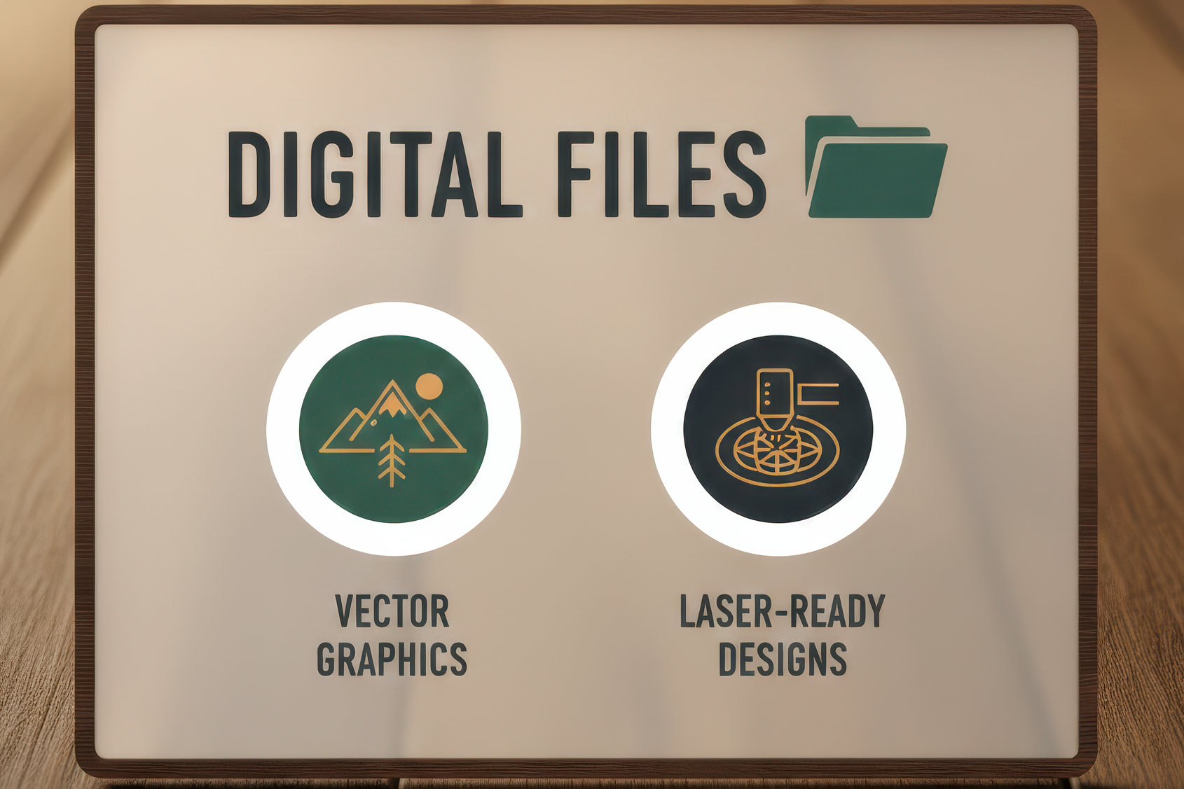 Digital files label with icons for vector graphics and laser-ready designs on a wooden surface.